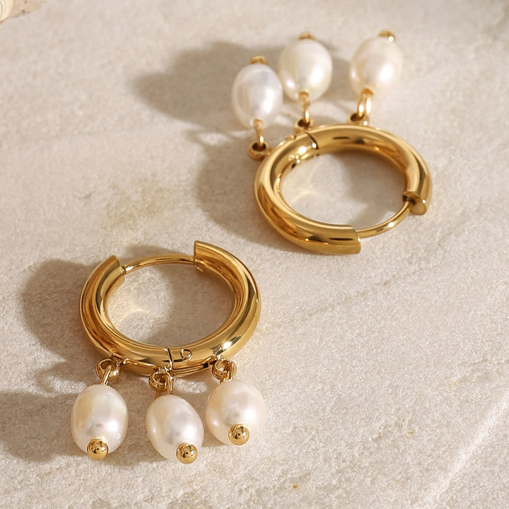 18K Gold Plated Stainless Steel Hoop Earrings with Freshwater Pearls