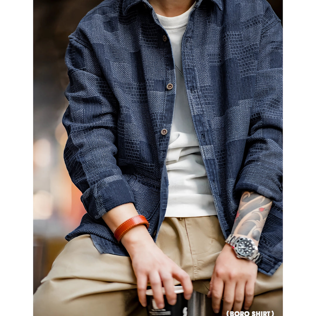 Men's Retro Denim Patchwork Long-Sleeved Shirt - Casual Spring and Autumn Jacket