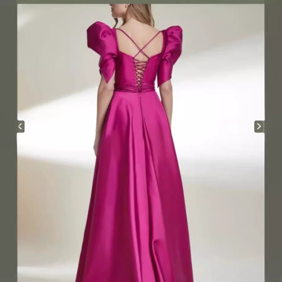 Rose Red Satin Slit Evening Dress