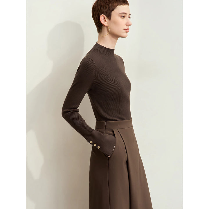 Minimalist Mock Neck Sweater with Slit Cuffs and Metal Buckle for Women