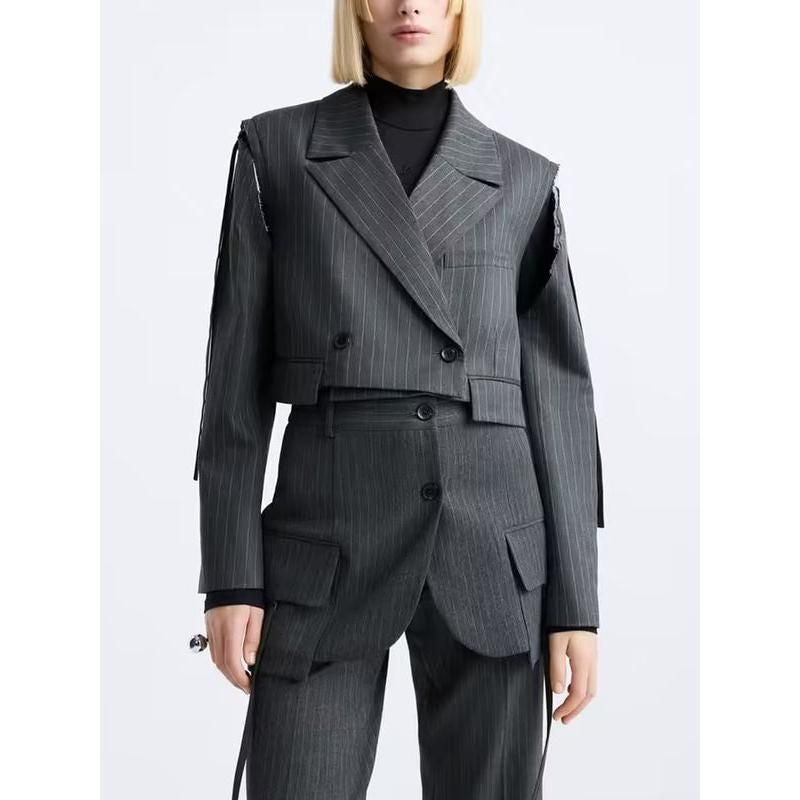 Chic Colorblock Striped Two-Piece Set: Notched Collar Top & High-Waist Pants