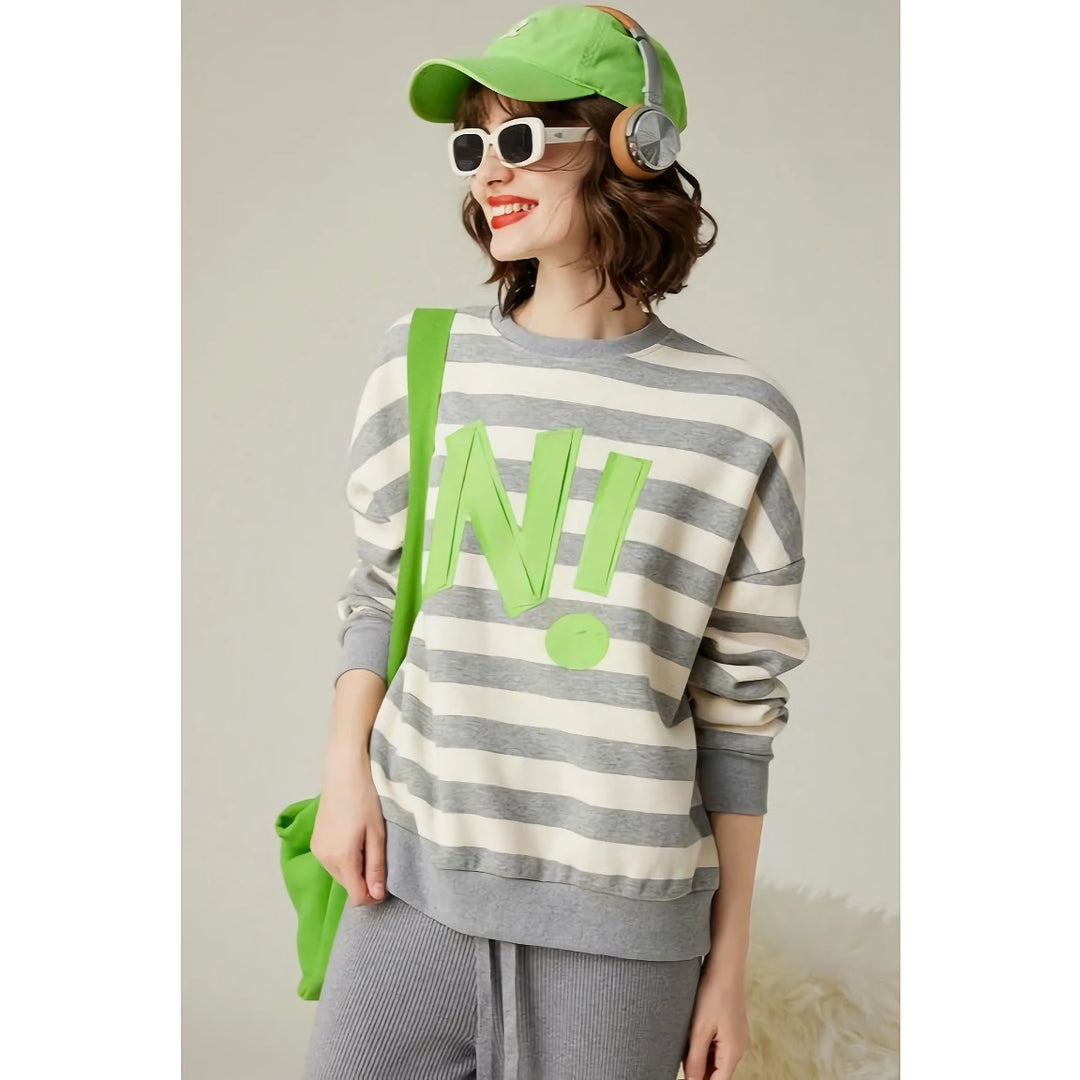 Striped Letter Print Sequin Embroidered Sweatshirt