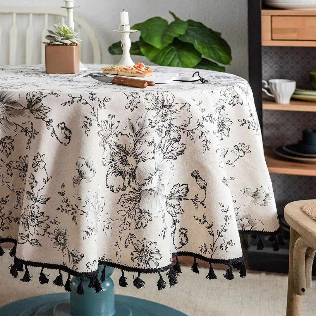 Elegant Floral Cotton Linen Round Tablecloth with Tassels