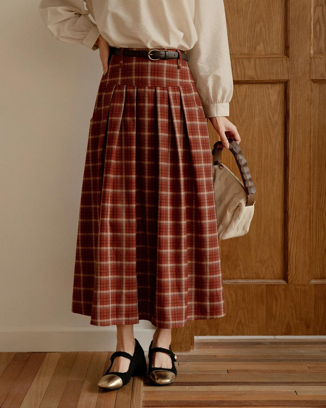 Red Plaid Pleated Midi Skirt for Women