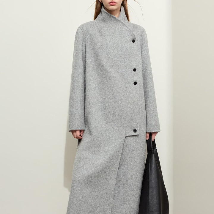 Minimalist Woolen Coat for Women with Stand Collar and Slit