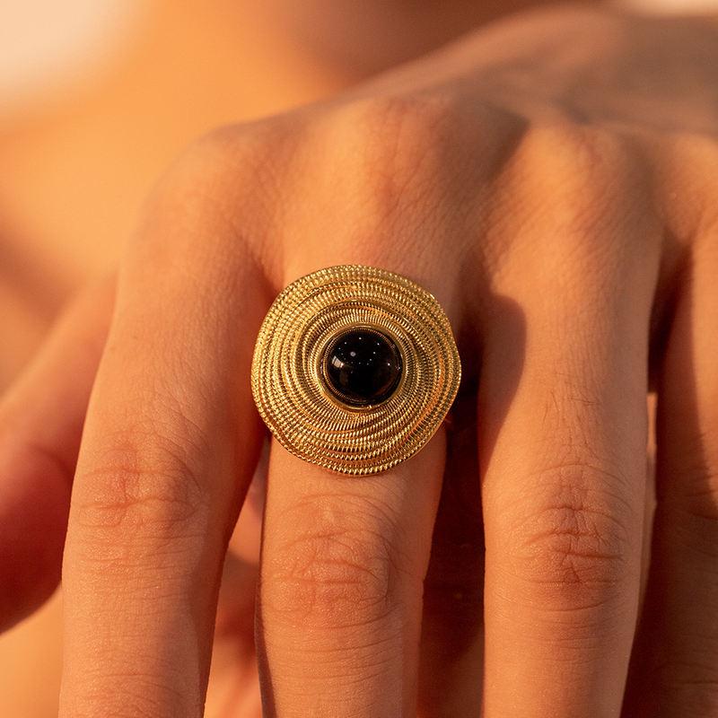 18K Gold Plated Black Agate Wrap Ring – Luxury Stainless Steel Jewelry