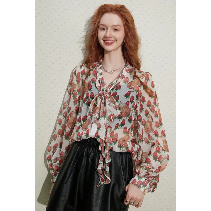 Colorful Floral Chiffon Blouse with Lantern Sleeves