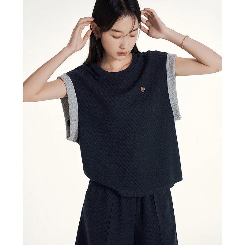 Summer Sleeveless Round Neck Chic Casual Navy Top