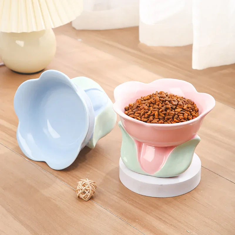 Flower Shaped Elevated Ceramic Cat Bowl