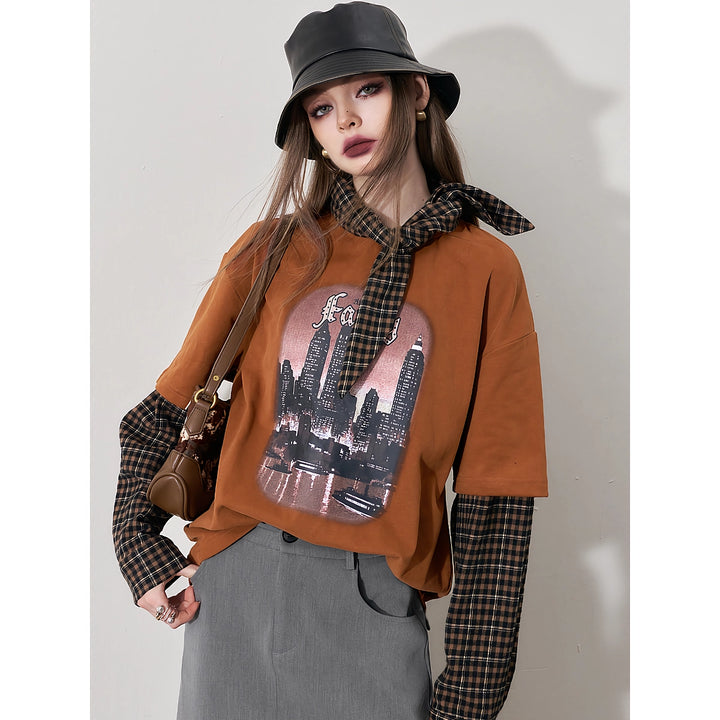 Autumn Graphic Spliced T-Shirt for Women