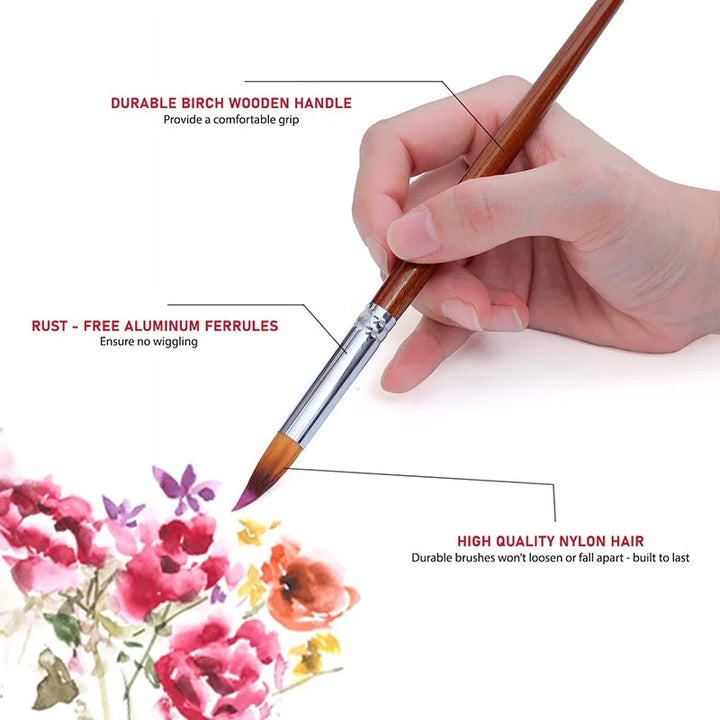 13-Piece Professional Watercolor Paint Brush Set with Long Wooden Handles and Anti-Shedding Nylon Bristles