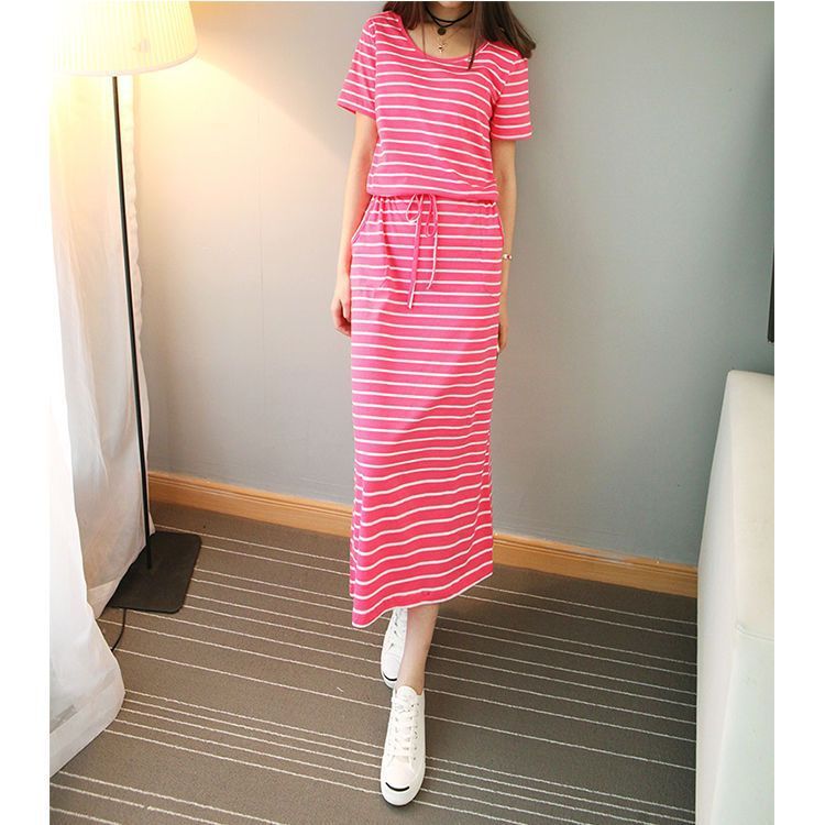 Round Neck Striped Cinched Plus Size Short Sleeve Dress