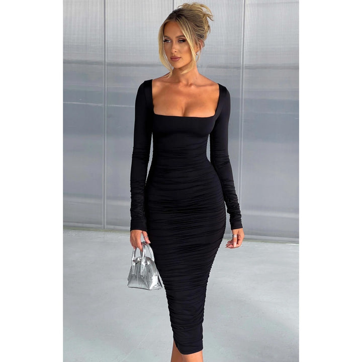 Autumn Winter Long Sleeve Ruched Midi Dress for Women