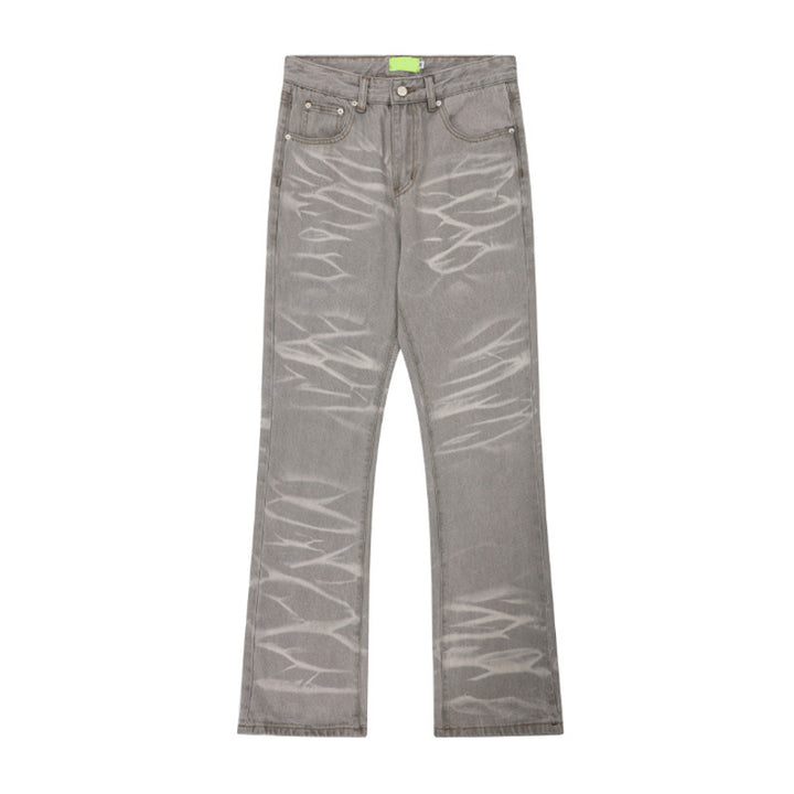 Retro Washed Striped Distressed Dirty Mud Gray Straight Jeans