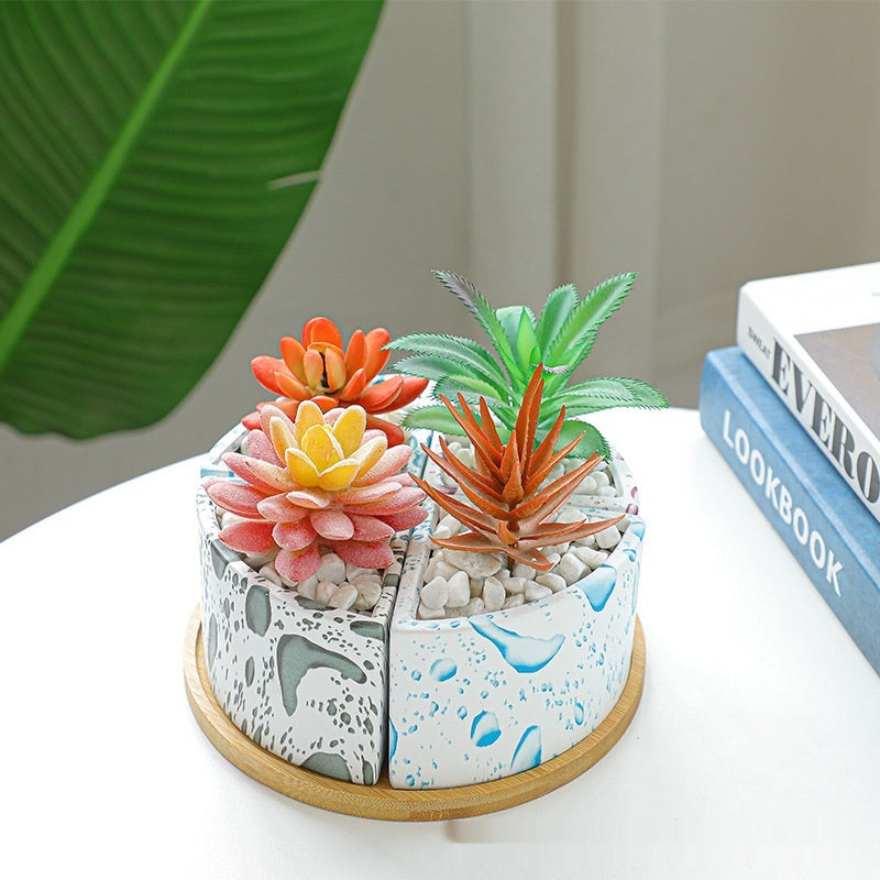 Ceramic Water Transfer Printing Succulent Flower Pot With Bamboo Tray