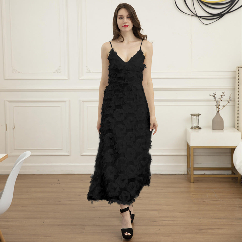 Backless Feather Lace Party Long Dress