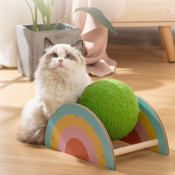 Wooden Sisal Cat Scratcher with Double Tier Green Scratch Ball