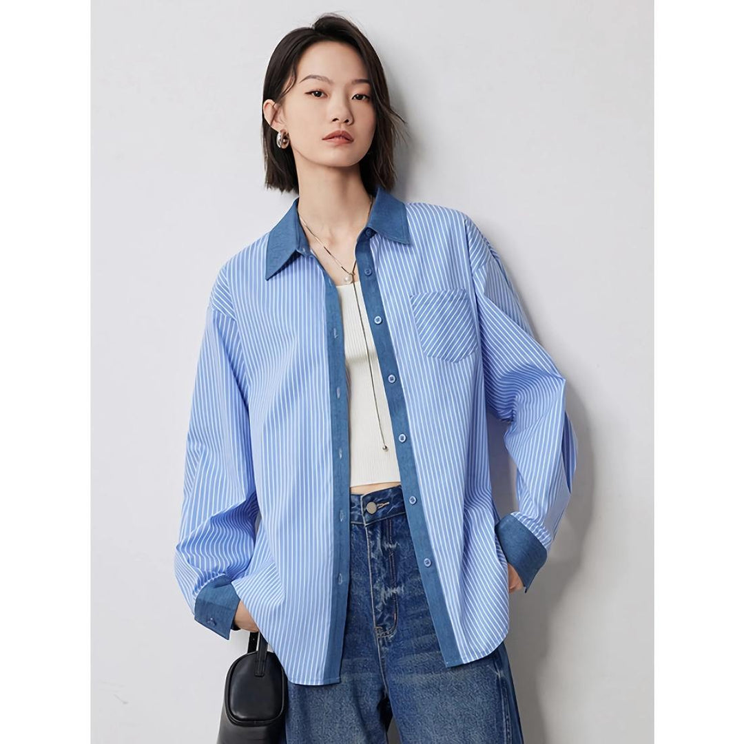 Autumn Striped Patchwork Denim Blouse Shirt