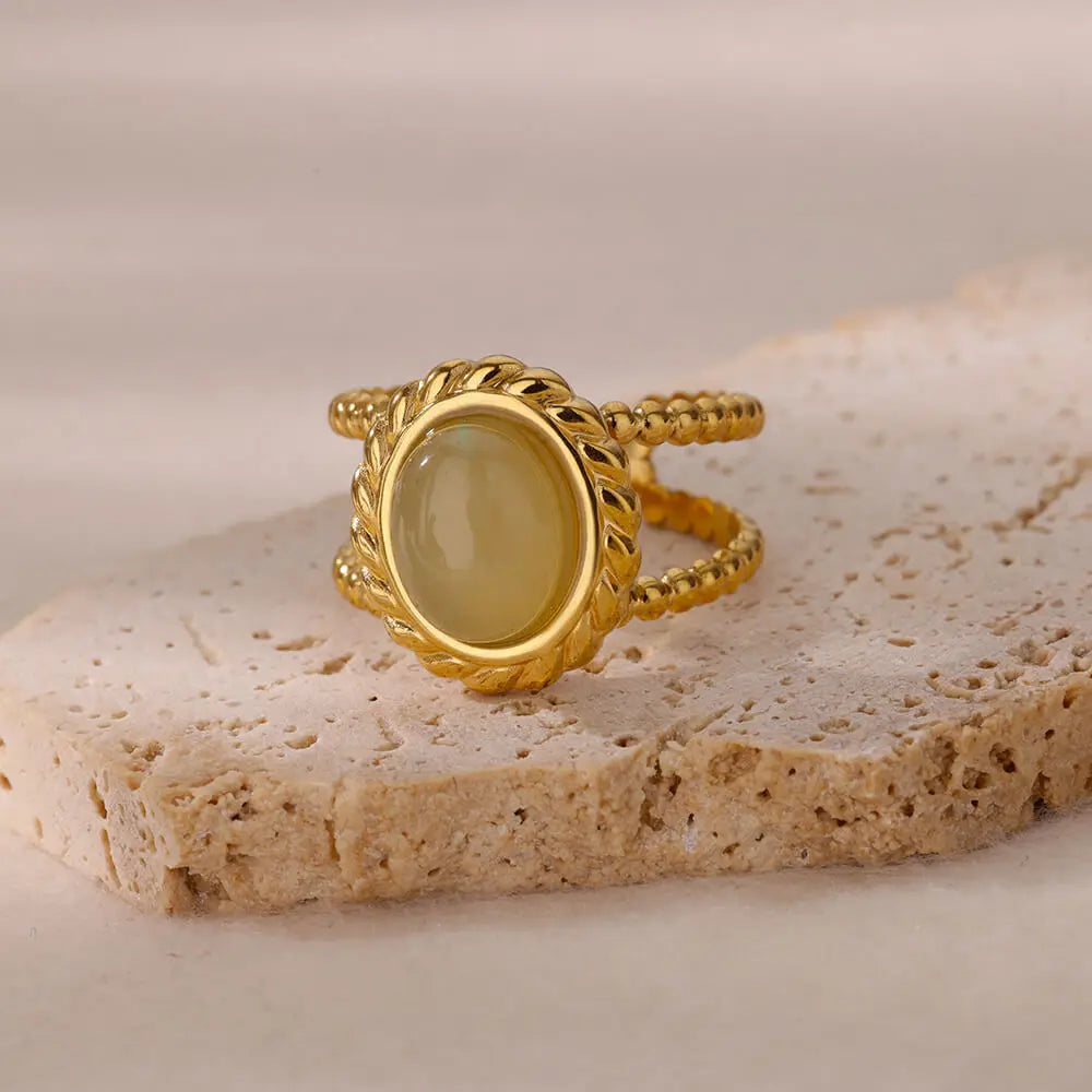 Natural White Opal Rings for Women - Gold Color Stainless Steel Classic Round Stone Couple Band