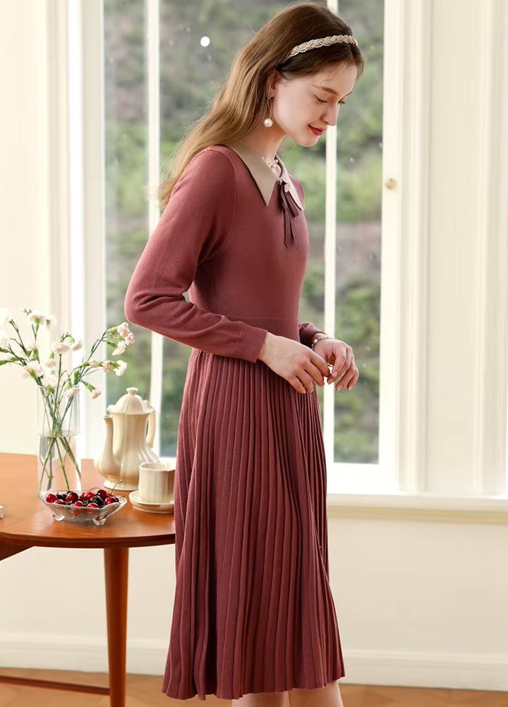 Winter Pleated A-Line Knit Dress with Bow Waist Fairycore Style