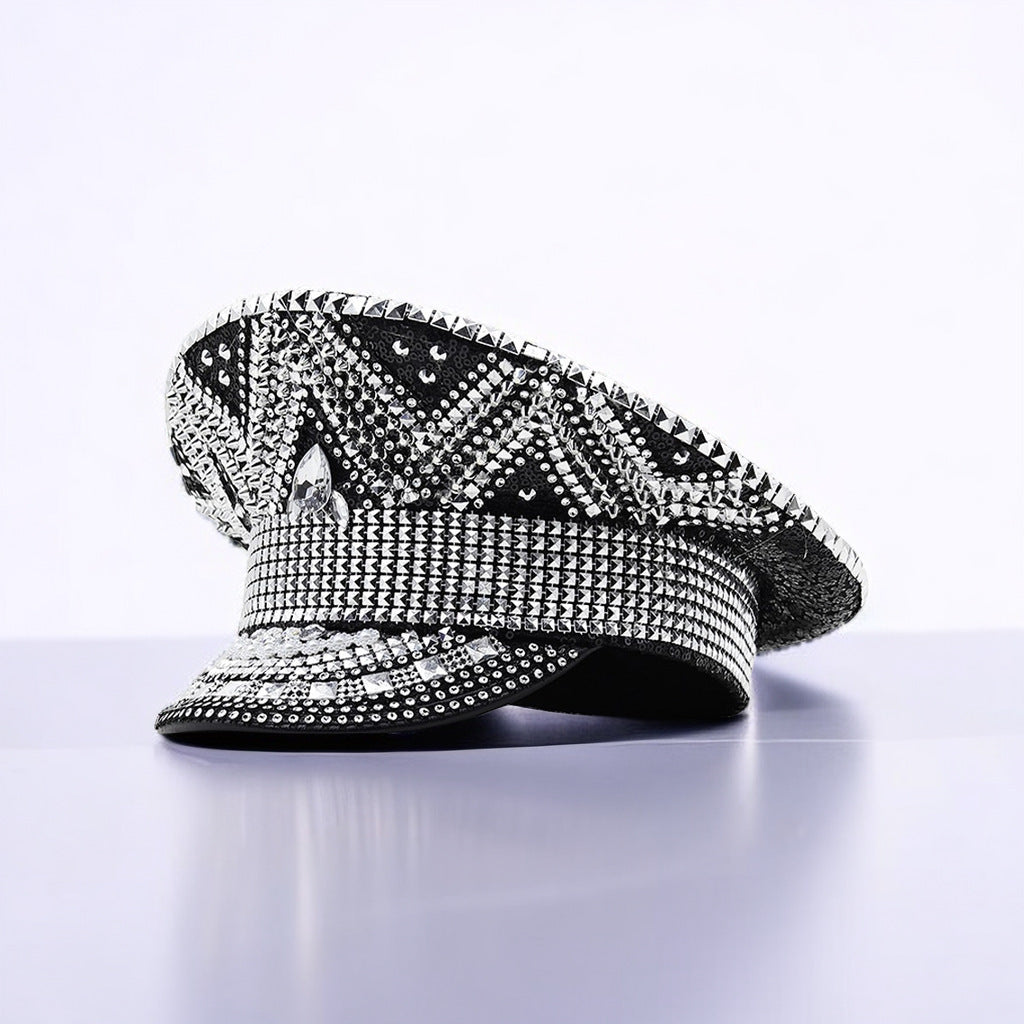 All-match Party Carnival Flat Top Punk Black Paillette Diamond Photography Hat