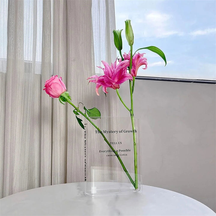 Modern Clear Acrylic Book Vase – Transparent, Creative Flower Vase