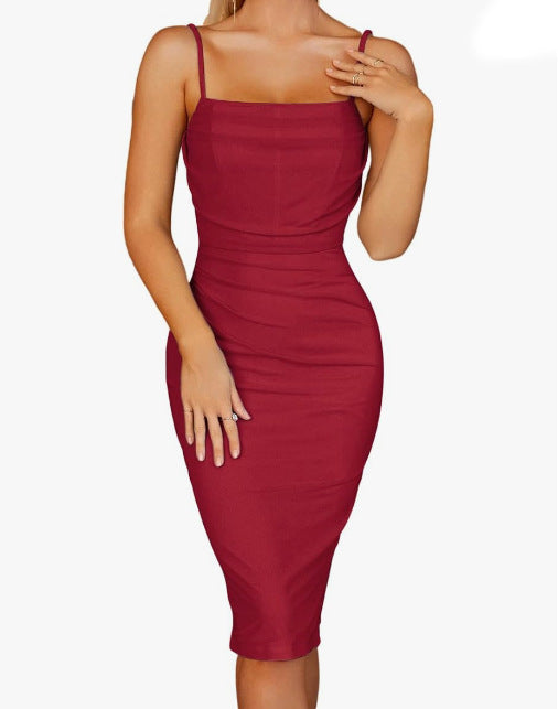 Sexy Mesh Fishbone Pleated Backless Sling Dress