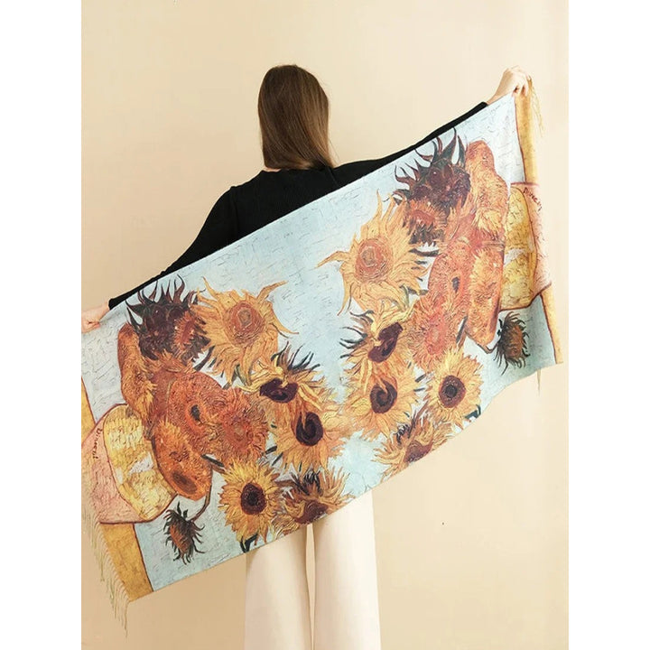 Sunflower Print Cashmere Shawl - Luxury Van Gogh Inspired Pashmina Wrap