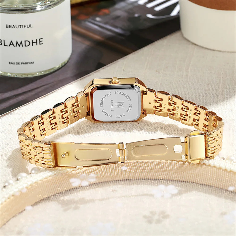 Elegant Women's Square Watch with Gold Alloy Strap