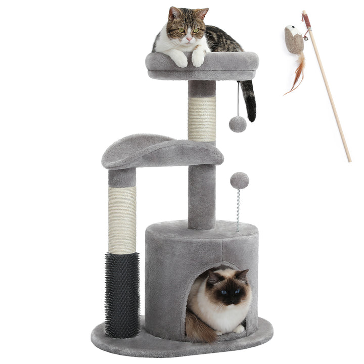 Cat Tree Condo with Self-Grooming Brush & Scratching Post for Active Kittens and Cats