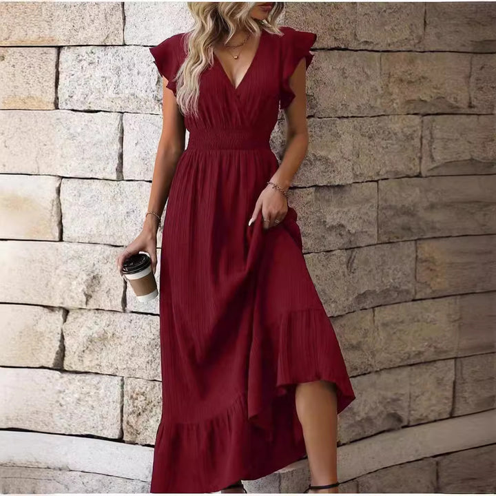 V-neck Ruffled Sleeve Solid Color Dress Leisure Vacation A- Line Skirt