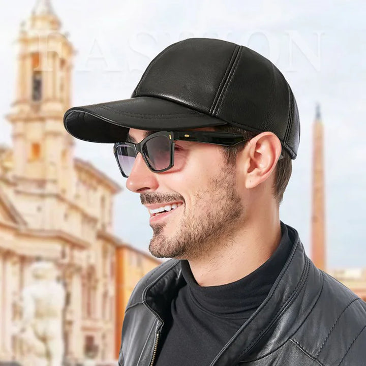 Men's Black Genuine Leather Baseball Cap