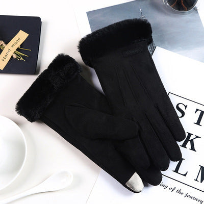 Women's Black Fur Winter Driving Gloves Windproof And Warm Touch Screen