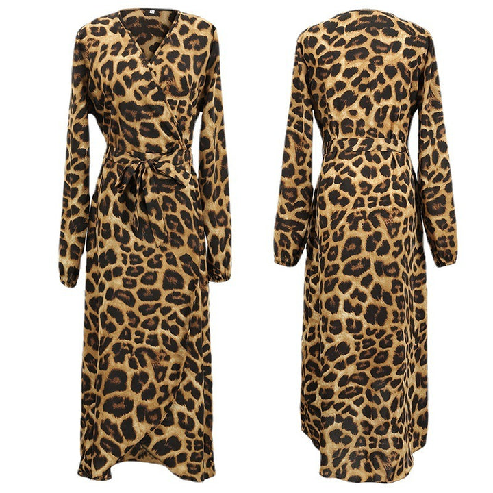 Autumn Skirt Leopard Print Printed V-neck Long Sleeve Lace-up Dress