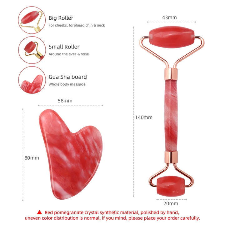 Red Crystal Jade Roller & Gua Sha Scraping Board Set