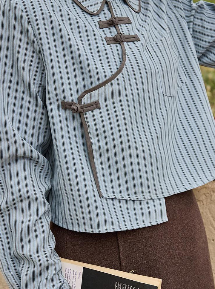 Blue-Grey Striped Patchwork Blouse