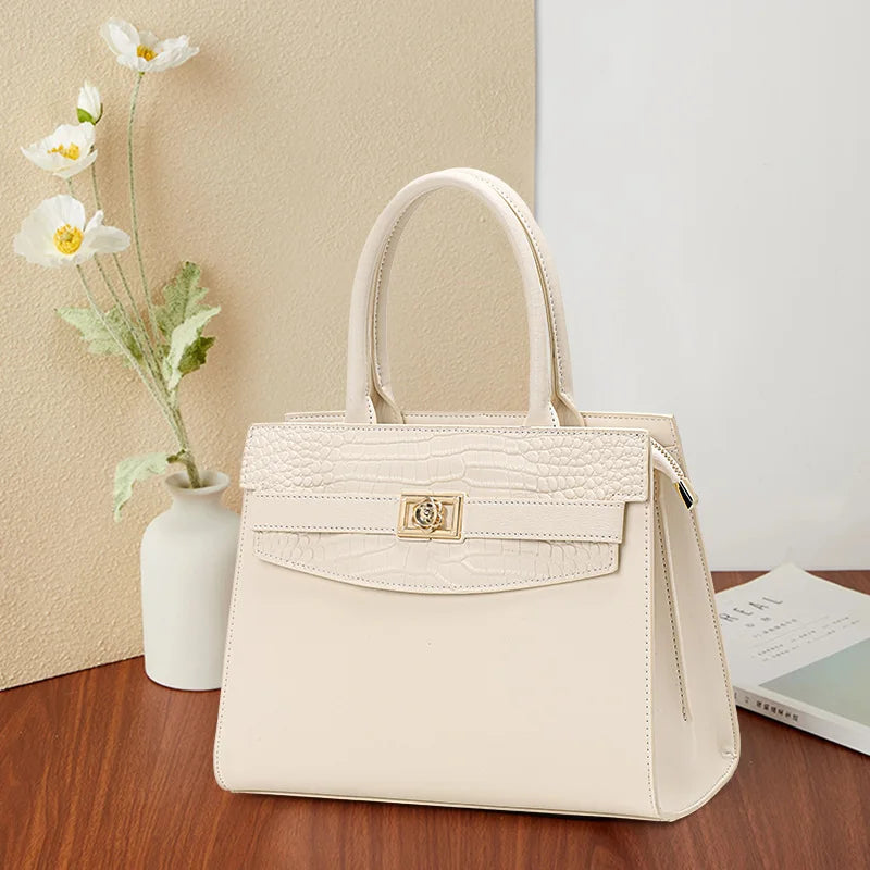 Crocodile Pattern Cowhide Square Handbag - Off White