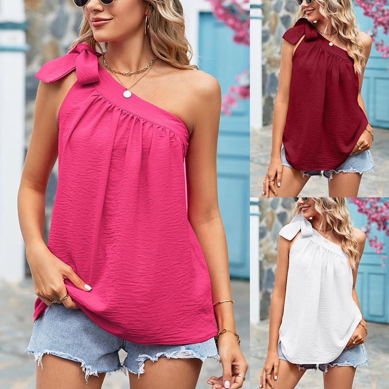 Cross-border European And American Women's Clothing Shoulder Lace-up Bow Top One-shoulder Vest - Trendha