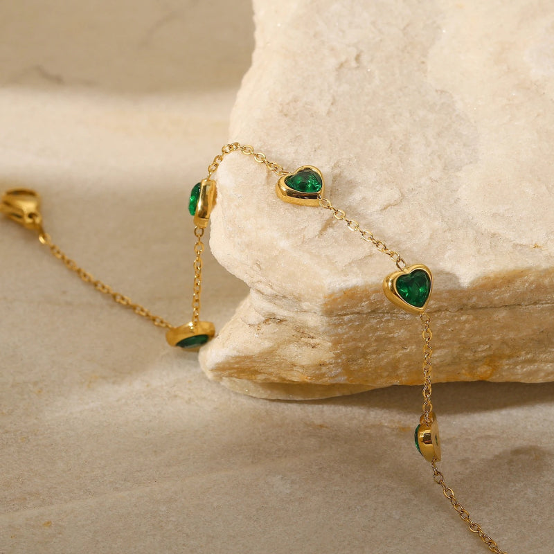 Dainty 14K Gold Plated Multi Green Heart Bracelet