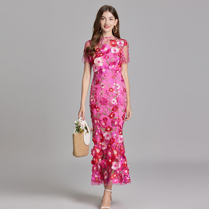 Three-dimensional Flower Mesh Embroidery Dress