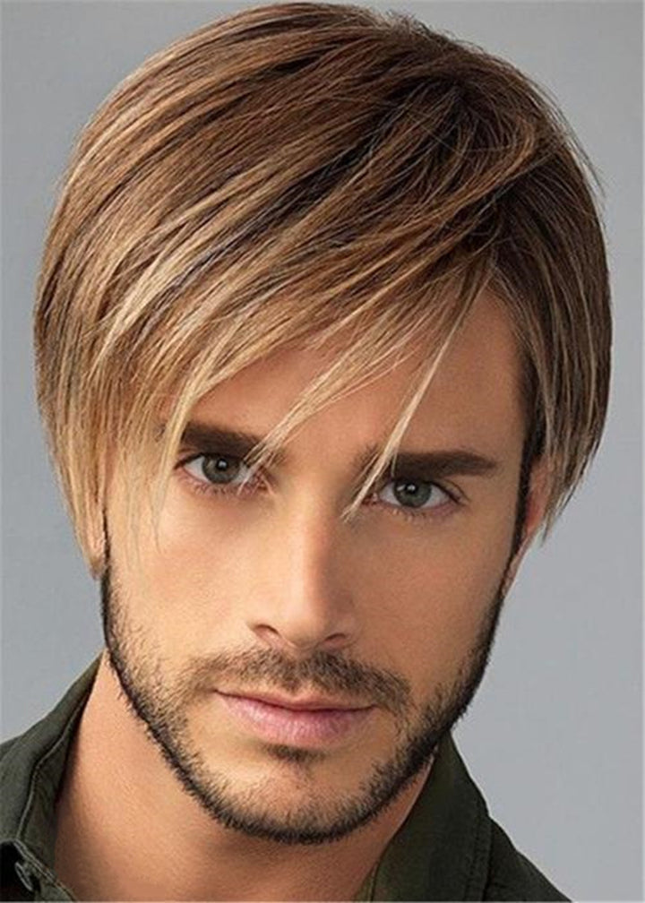 Men's Short Straight Hair Golden Brown Side Bangs Wig