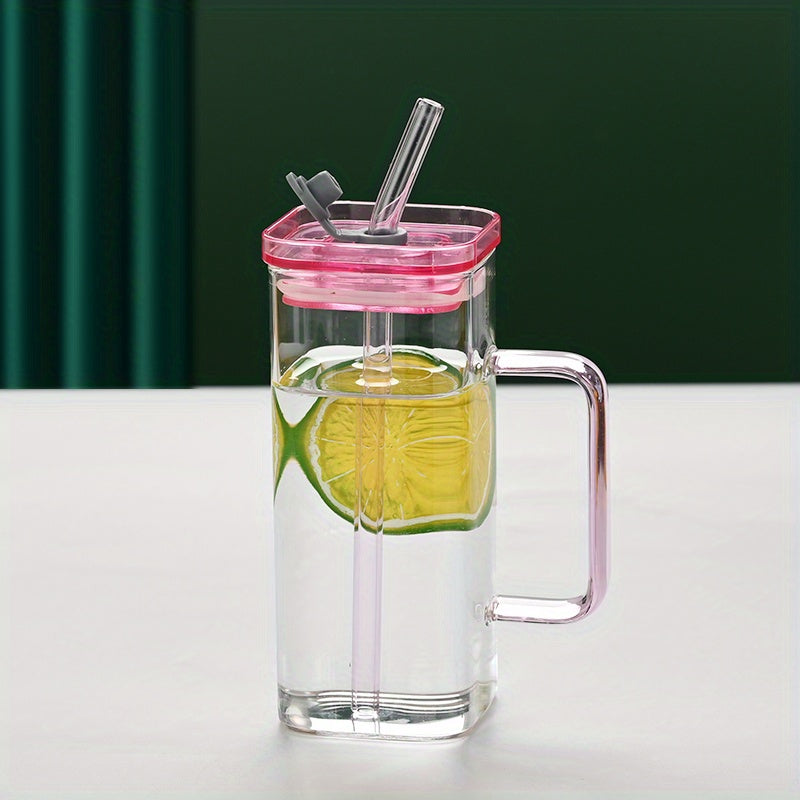 Square Glass Drinkware with Handle and Straw