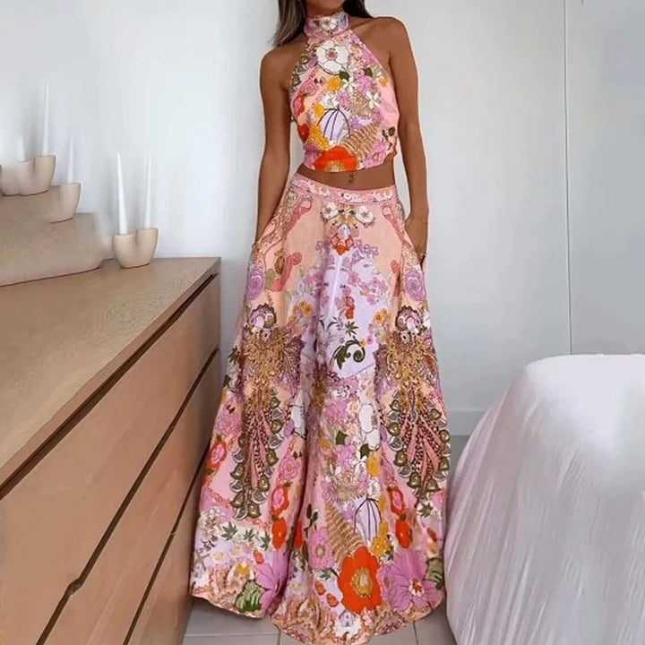 Fashion Printed Half Turtleneck Sleeveless Mid-length Expansion Skirt Suit