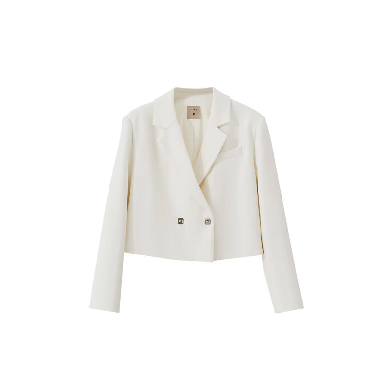 Short Blazer with Turn Lapel Collar and Metal Buckle