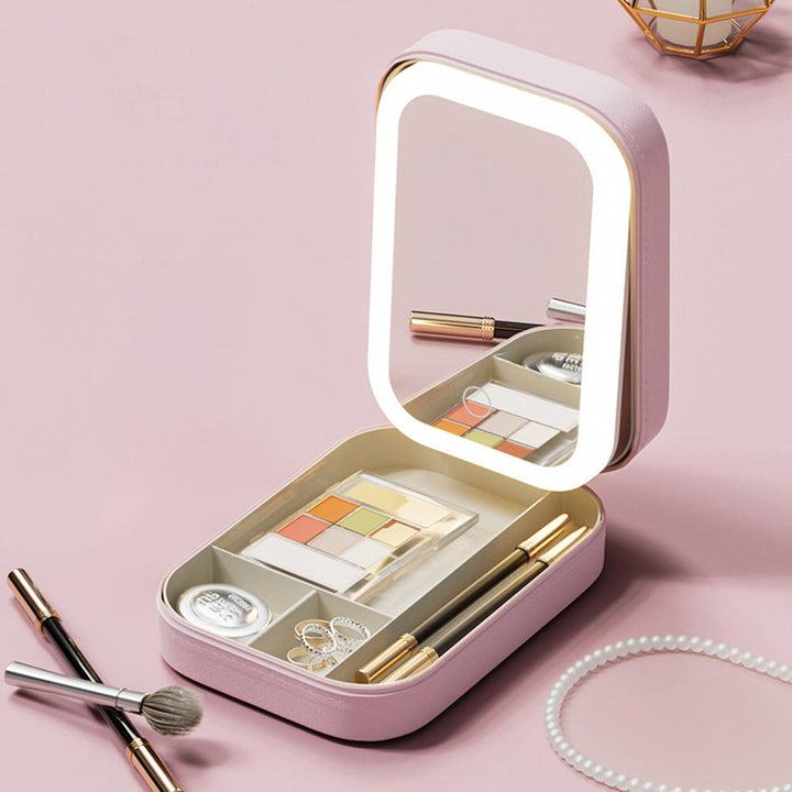 Portable LED Makeup Mirror with Adjustable Brightness and Storage