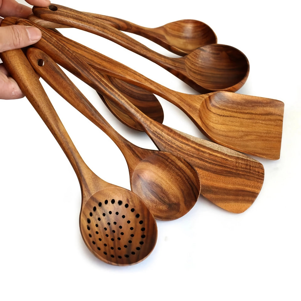 Eco-Friendly Teak Wood Cooking Utensils Set – 7 Piece Kitchen Tool Kit