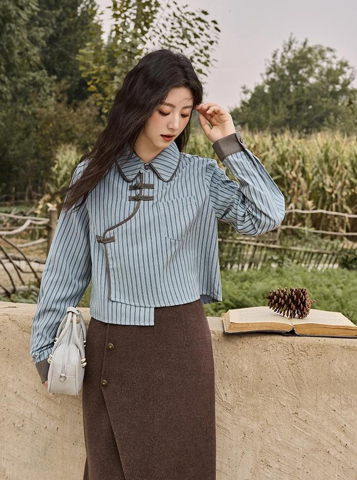 Blue-Grey Striped Patchwork Blouse