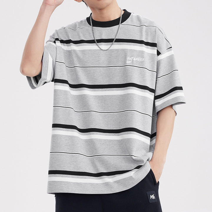 Vintage Stripe Round Neck T-shirt Men's Loose Preppy Style Couple All-match Fashion Half Sleeve Shirt