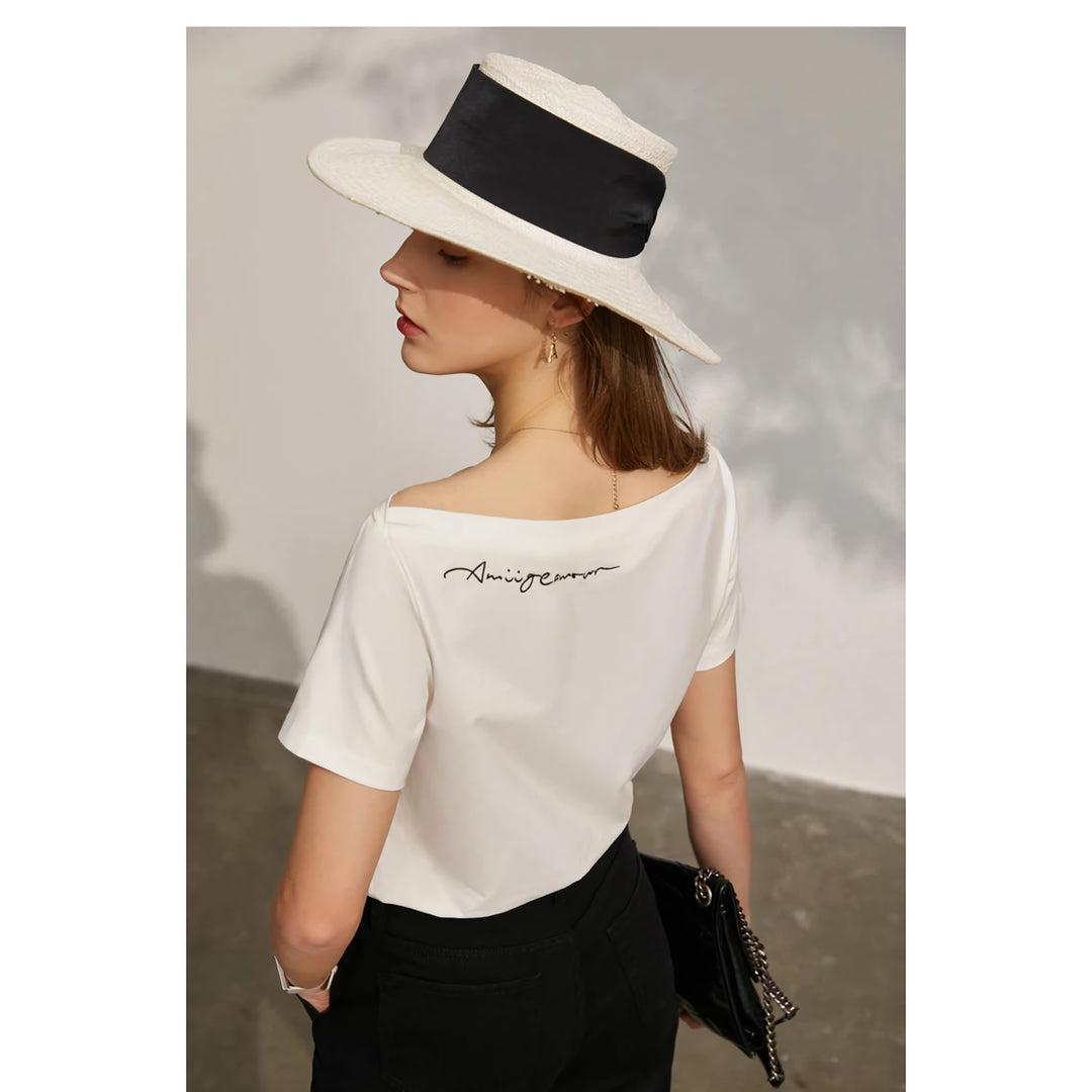 Minimalist Office Lady Slash Neck Loose Embroidery Top