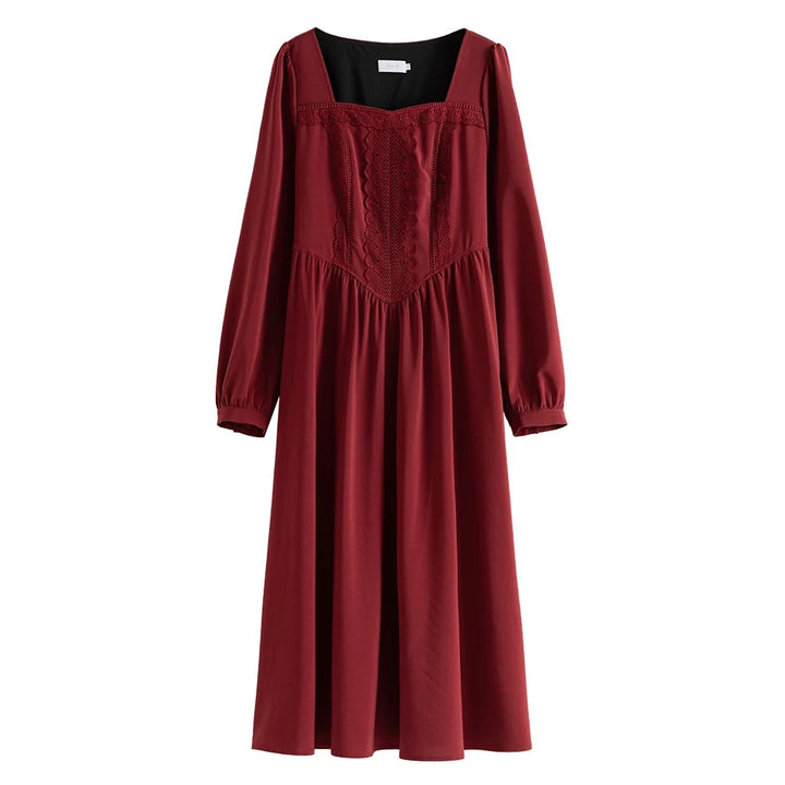 Retro Red Long Sleeve Square Neck Dress with Lace Decoration